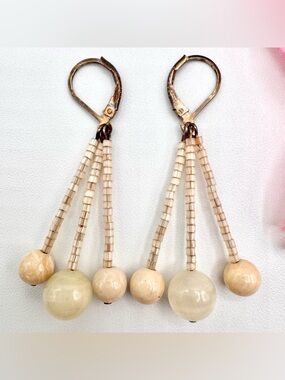 Vintage Shades Of Ivory Beaded Stone Silver Leverback Earrings Festival Boho